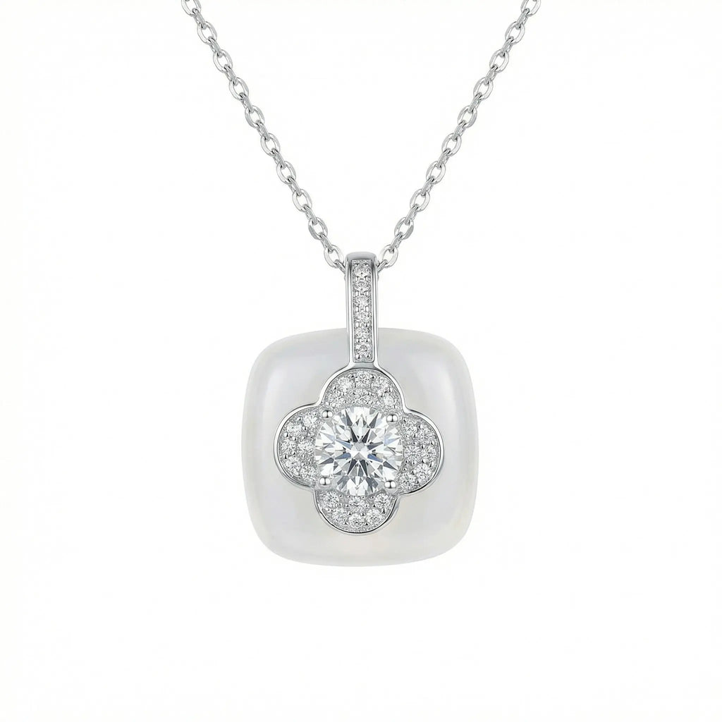 925 Sterling Silver Elegant Diamond Four-Leaf Clover and White Gemstone Pendant Necklace NP Collection