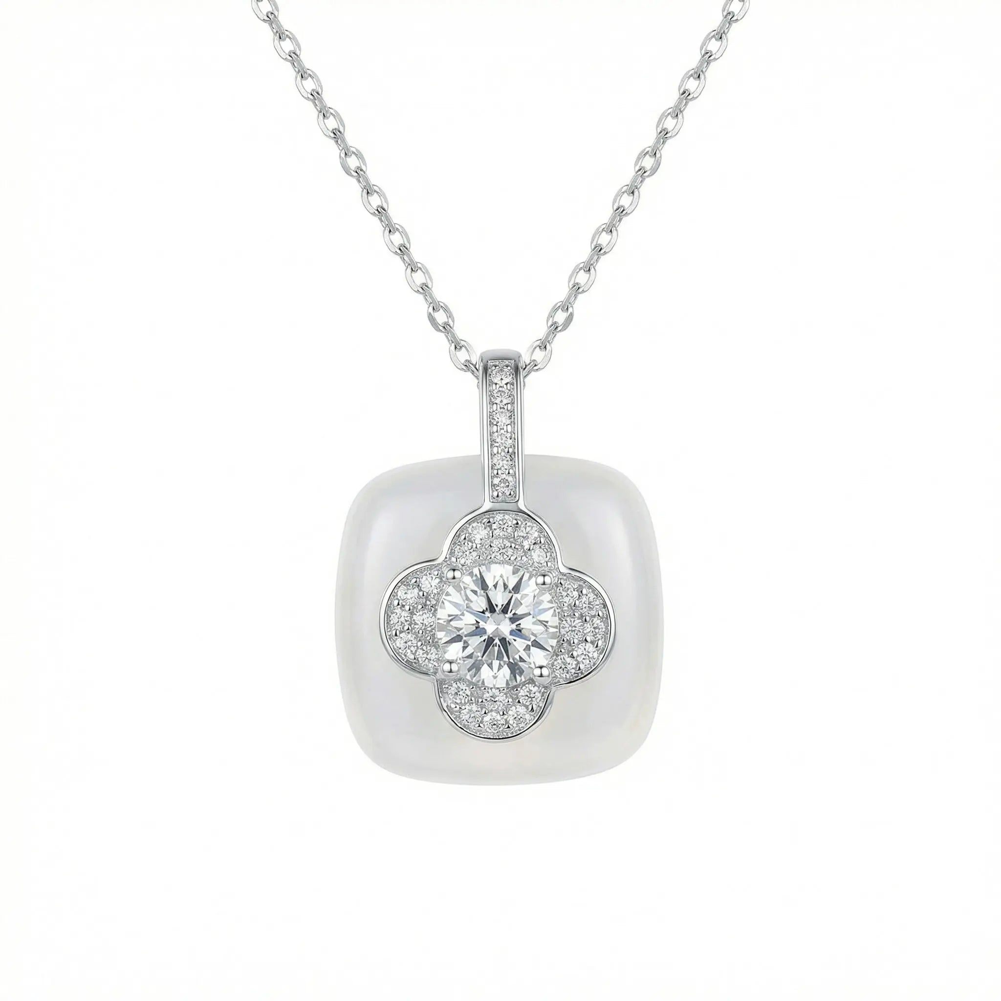 925 Sterling Silver Elegant Diamond Four-Leaf Clover and White Gemstone Pendant Necklace NP Collection