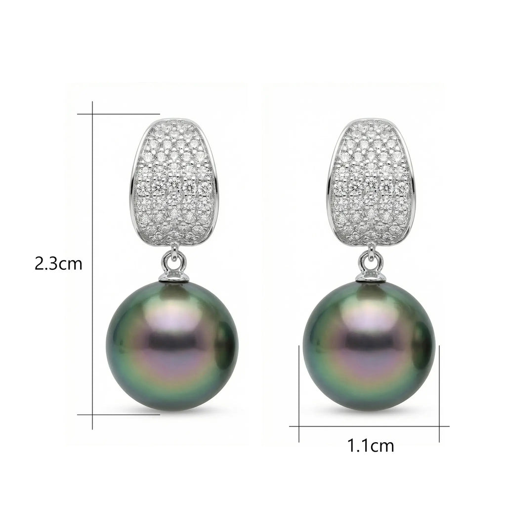 925 Sterling Silver Elegant Tahitian Pearl and CZ Dangle Earrings in Shimmering White Metal