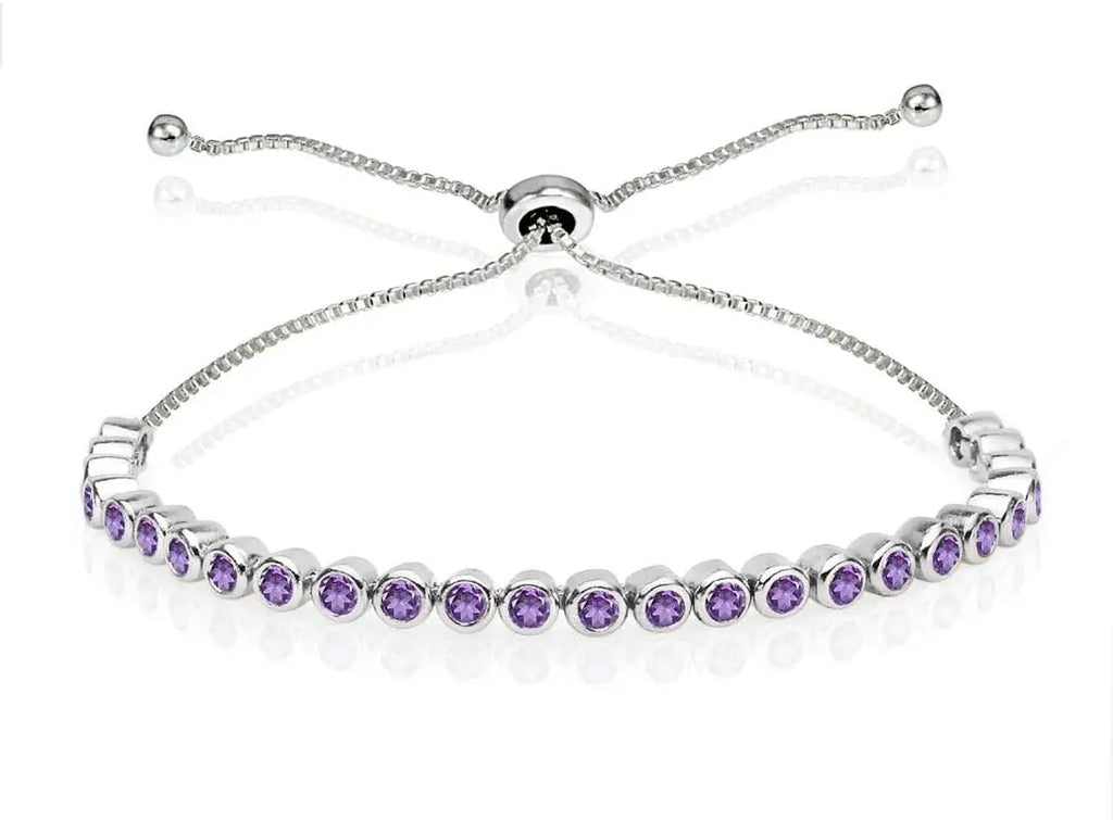 Sterling Silver Simulated Gemstone 2Mm round Bezel-Set Adjustable Dainty Tennis Stack Bracelet 