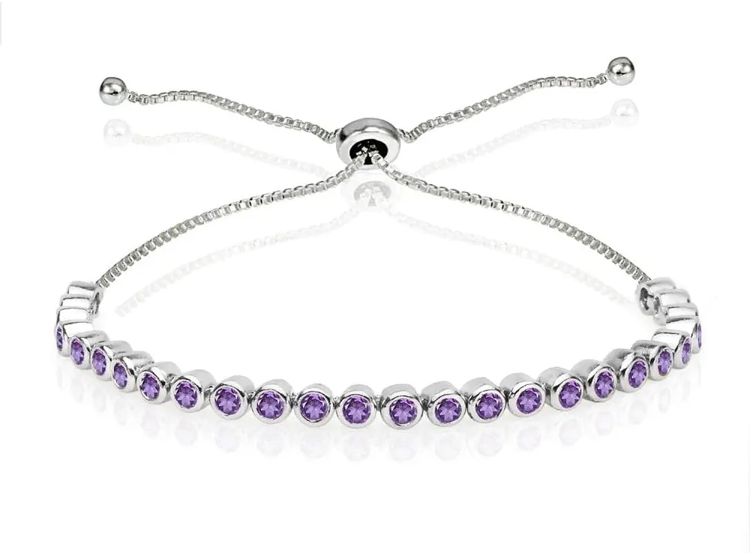 Sterling Silver Simulated Gemstone 2Mm round Bezel-Set Adjustable Dainty Tennis Stack Bracelet 
