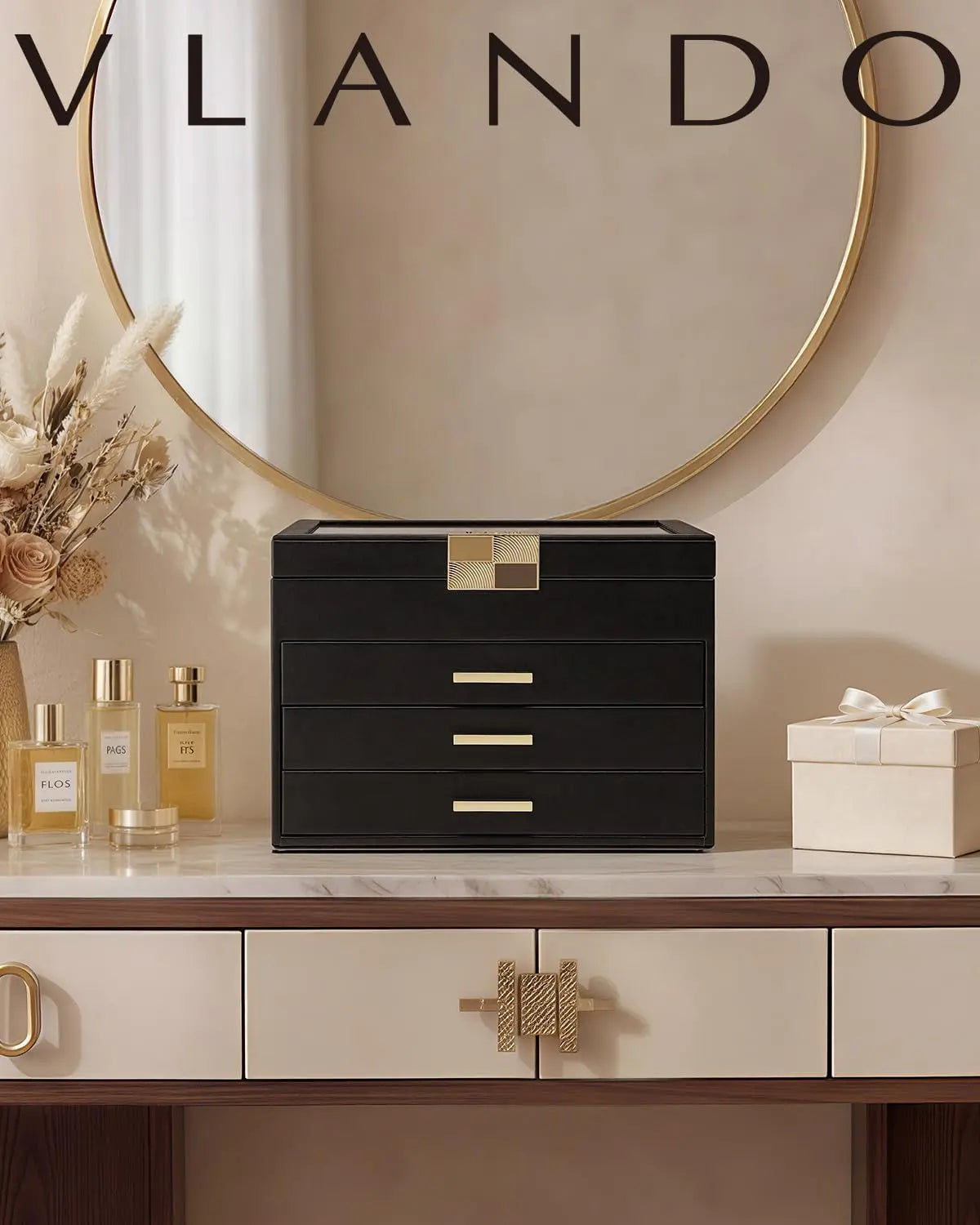 Jewelry Box Organizer for Women, 4-Layer Jewelry Storage Case with Glass Lid, Gold Handle, 3 Drawers for Rings, Earrings, Necklaces and Bracelets - Black