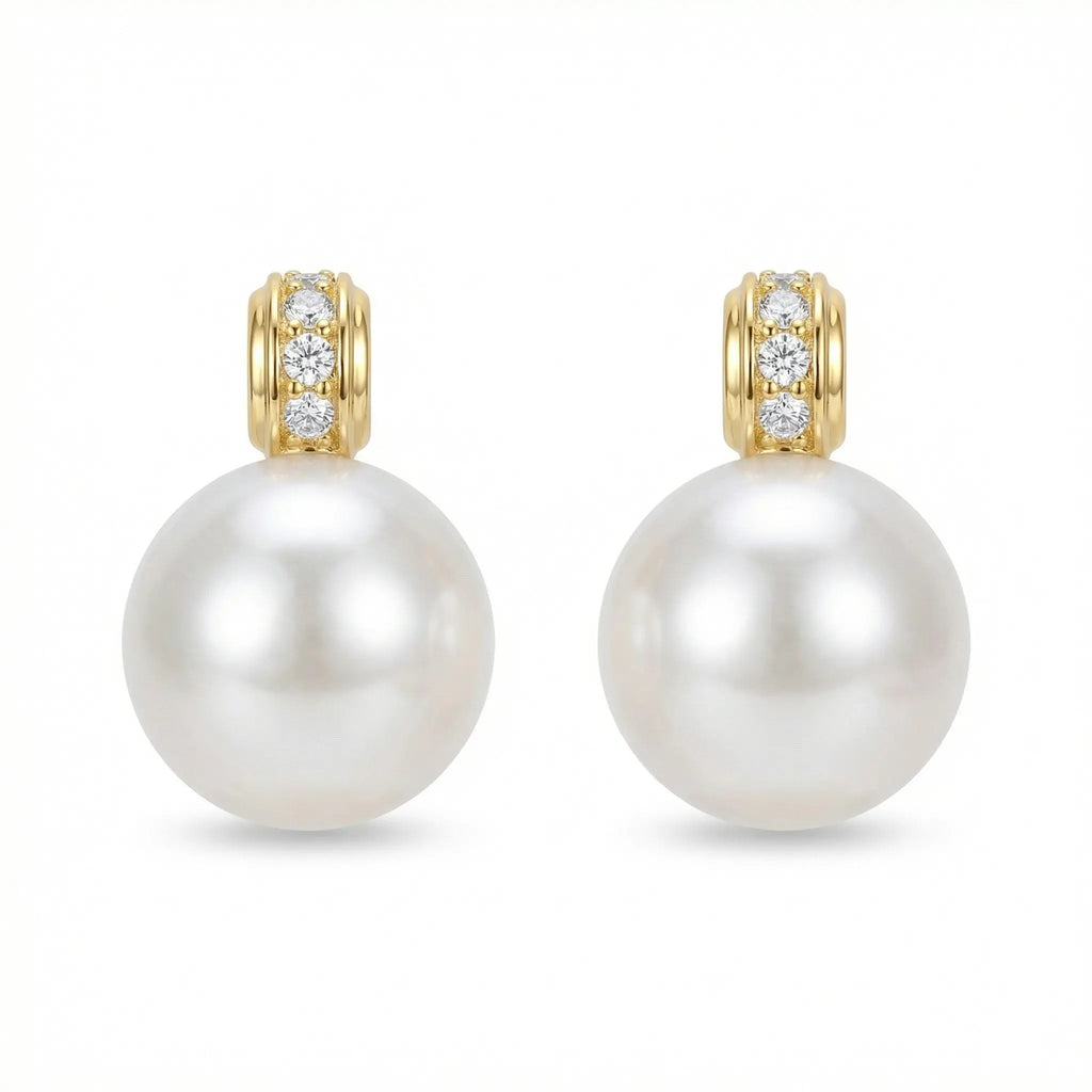 925 Sterling Silver Elegant White Round Pearl Earrings Featuring Shimmering Diamond Accents in Gilded Settings NP Collection
