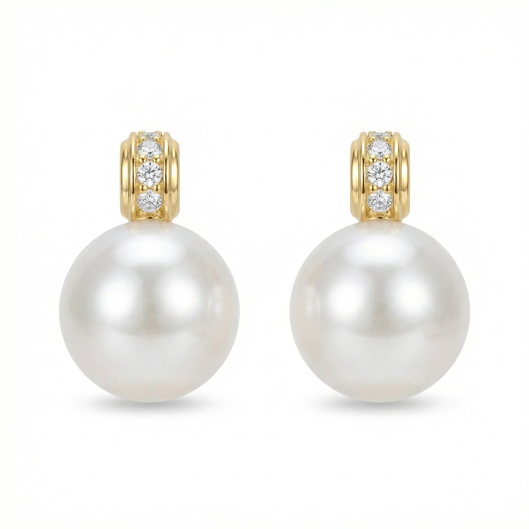 925 Sterling Silver Elegant White Round Pearl Earrings Featuring Shimmering Diamond Accents in Gilded Settings NP Collection