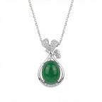 925 Sterling Silver Elegant Green Jade Cabochon Pendant Necklace with Sparkling Diamond Ribbon Accent NP Collection
