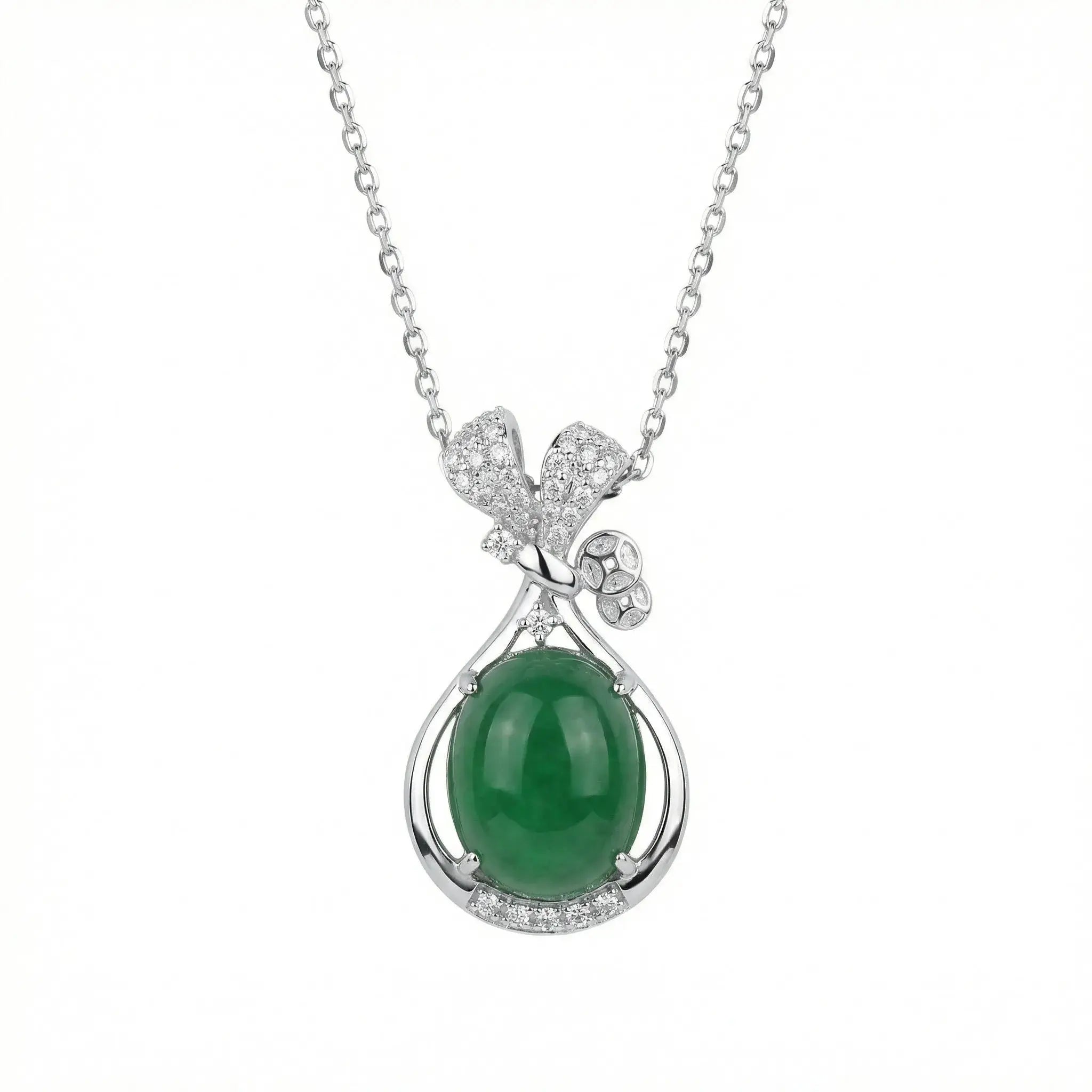 925 Sterling Silver Elegant Green Jade Cabochon Pendant Necklace with Sparkling Diamond Ribbon Accent NP Collection
