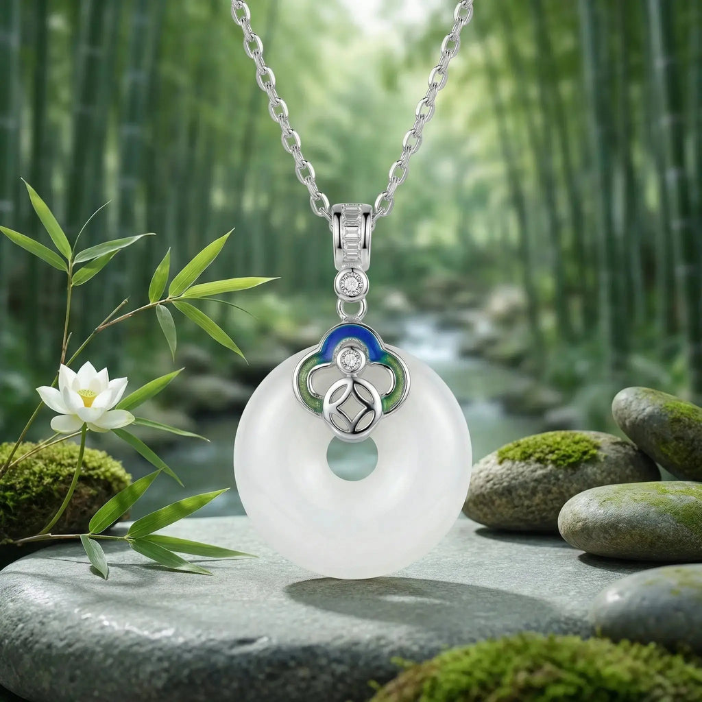 925 Sterling Silver Elegant White Jade Ping An Kou Pendant Necklace with Colorful Enamel and Zircon Detailing NP Collection