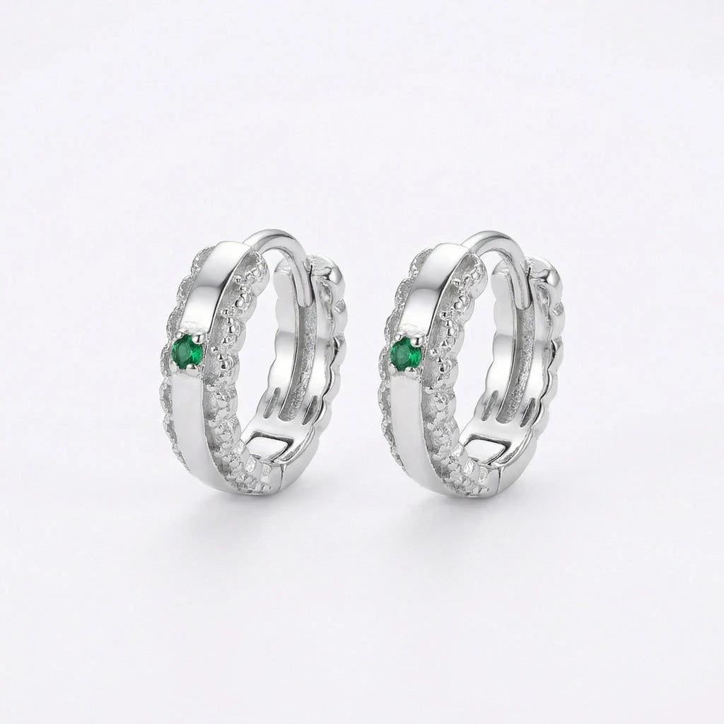 925 Sterling Silver Elegant Silver Green Emerald and Cubic Zirconia Huggie Hoop Earrings