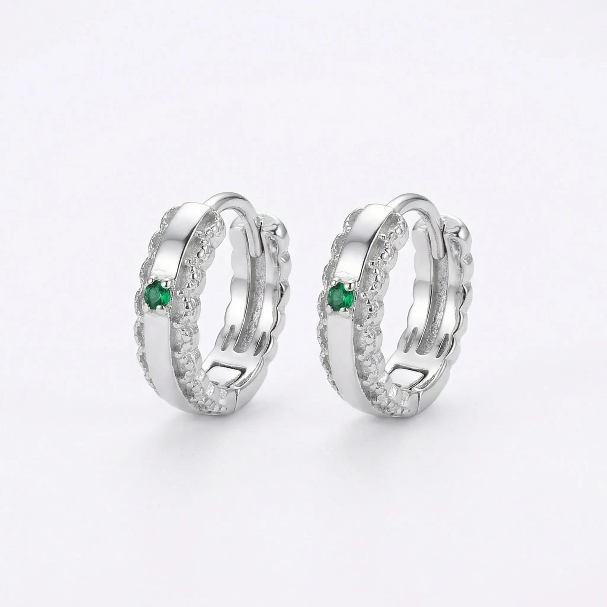 925 Sterling Silver Elegant Silver Green Emerald and Cubic Zirconia Huggie Hoop Earrings