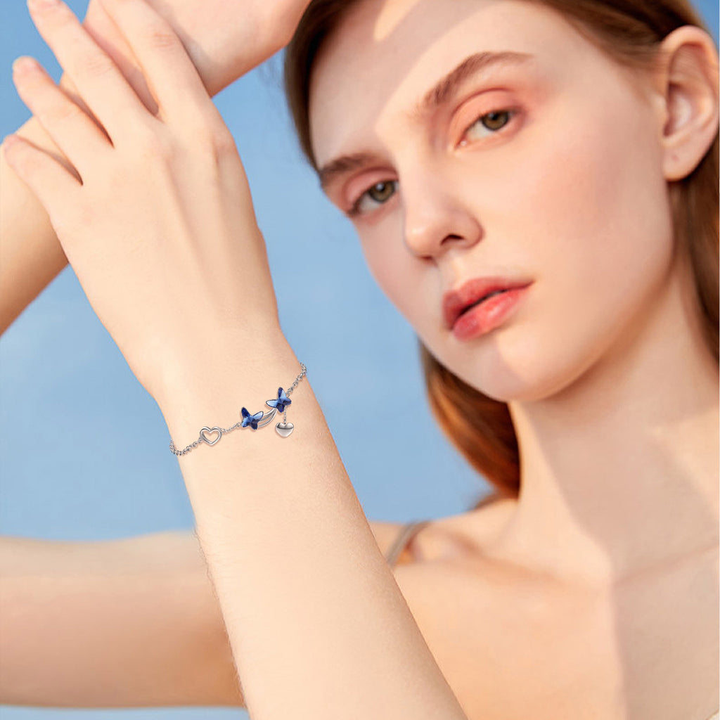 925 Sterling Silver Butterfly Blue Cubic Zirconia Pendant Bracelet