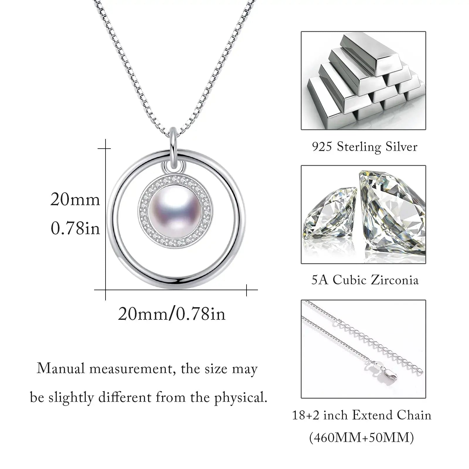 Pearl Necklace 925 Sterling Silver Pendant Necklace