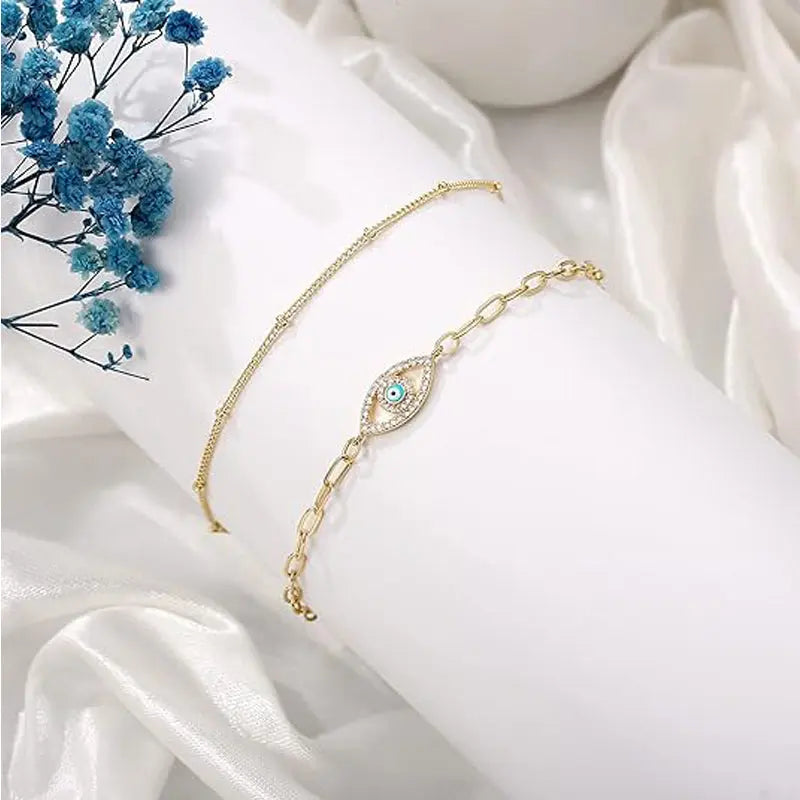 Dainty Gold Bracelets For Women, 14K Gold Filled Adjustable Layered Bracelet Cute Oval Chain  Bar Gold Bracelet