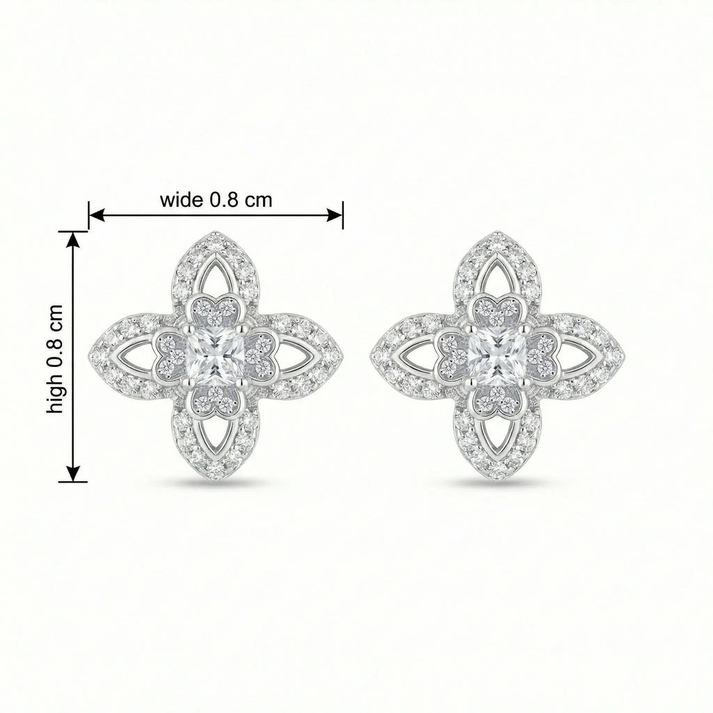 925 Sterling Silver Elegant CZ Clover Stud Earrings with Intricate Filigree Details in Shimmering White Metal