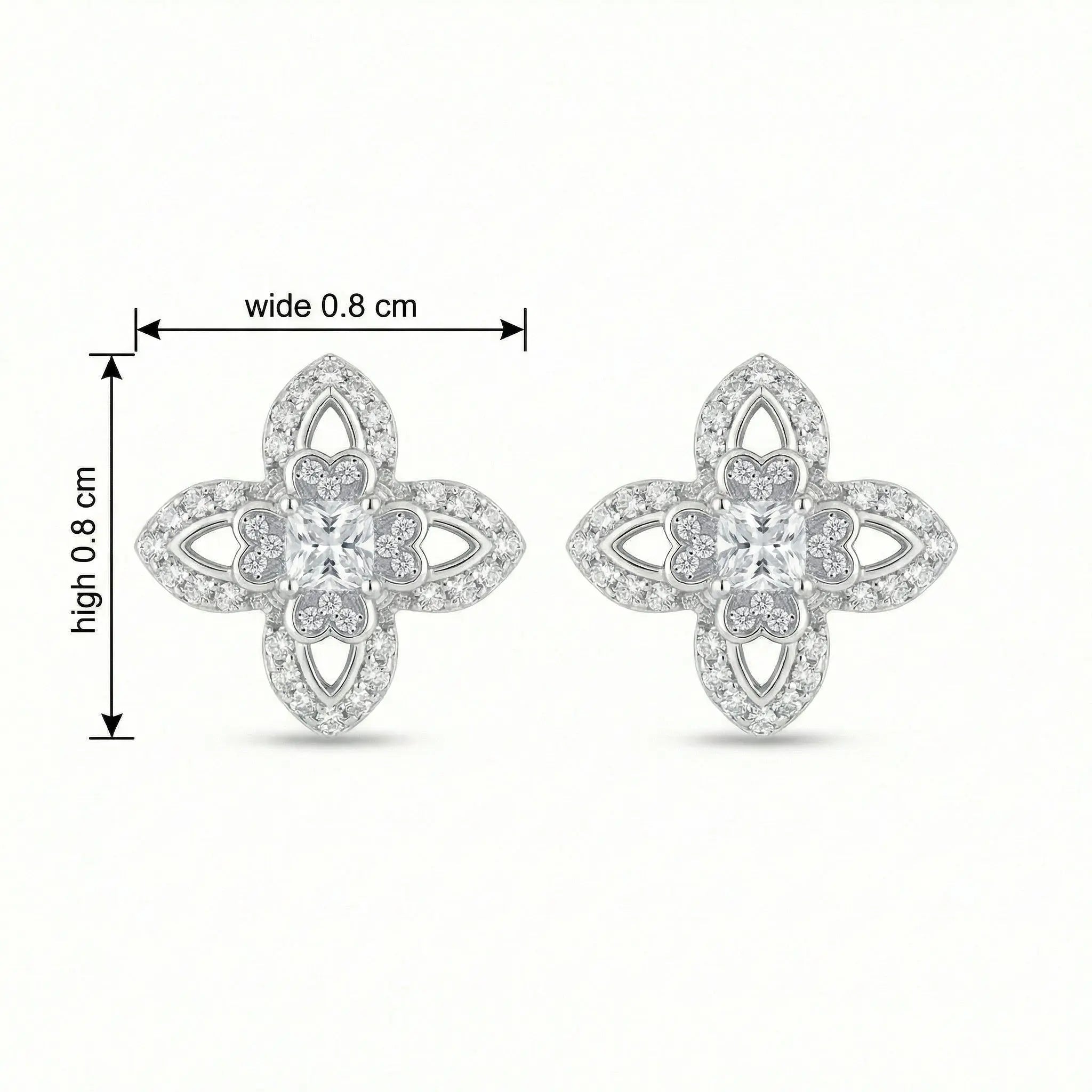 925 Sterling Silver Elegant CZ Clover Stud Earrings with Intricate Filigree Details in Shimmering White Metal