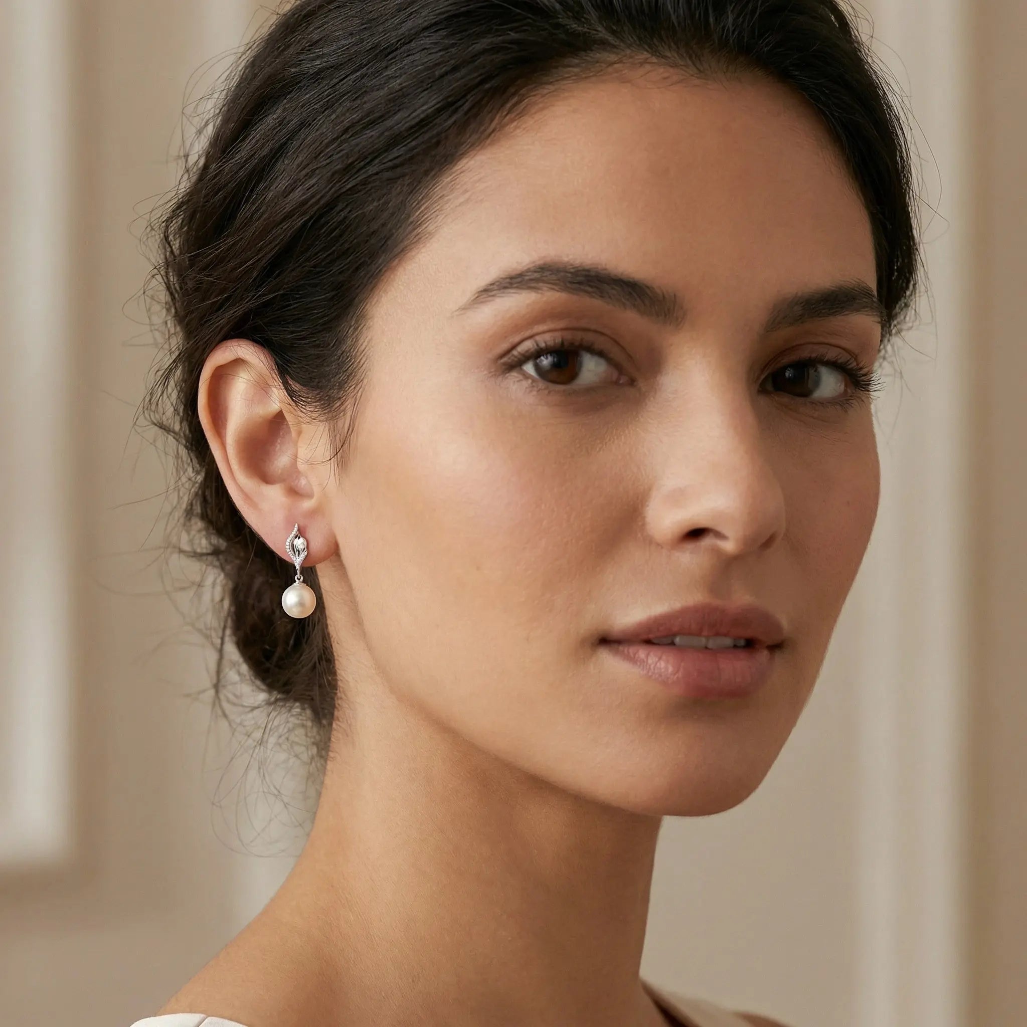 925 Sterling Silver Elegant White Pearl Drop Earrings with CZ Accents and Fluid Silver-Toned Settings