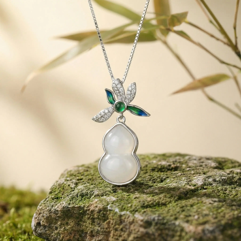 925 Sterling Silver Exquisite White Jade Gourd Pendant Necklace with Enamel Floral Accents and Sparkling Details NP Collection