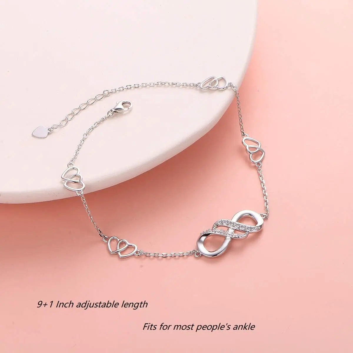 Double Infinity Anklet 925 Sterling Silver Adjustable Heart Ankle Bracelet Boho Beach Foot Chain 9+1 Inch