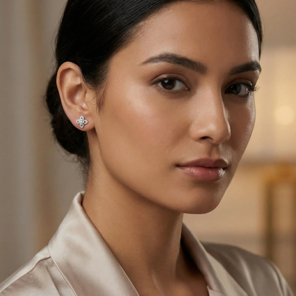 925 Sterling Silver Elegant CZ Clover Stud Earrings with Intricate Filigree Details in Shimmering White Metal