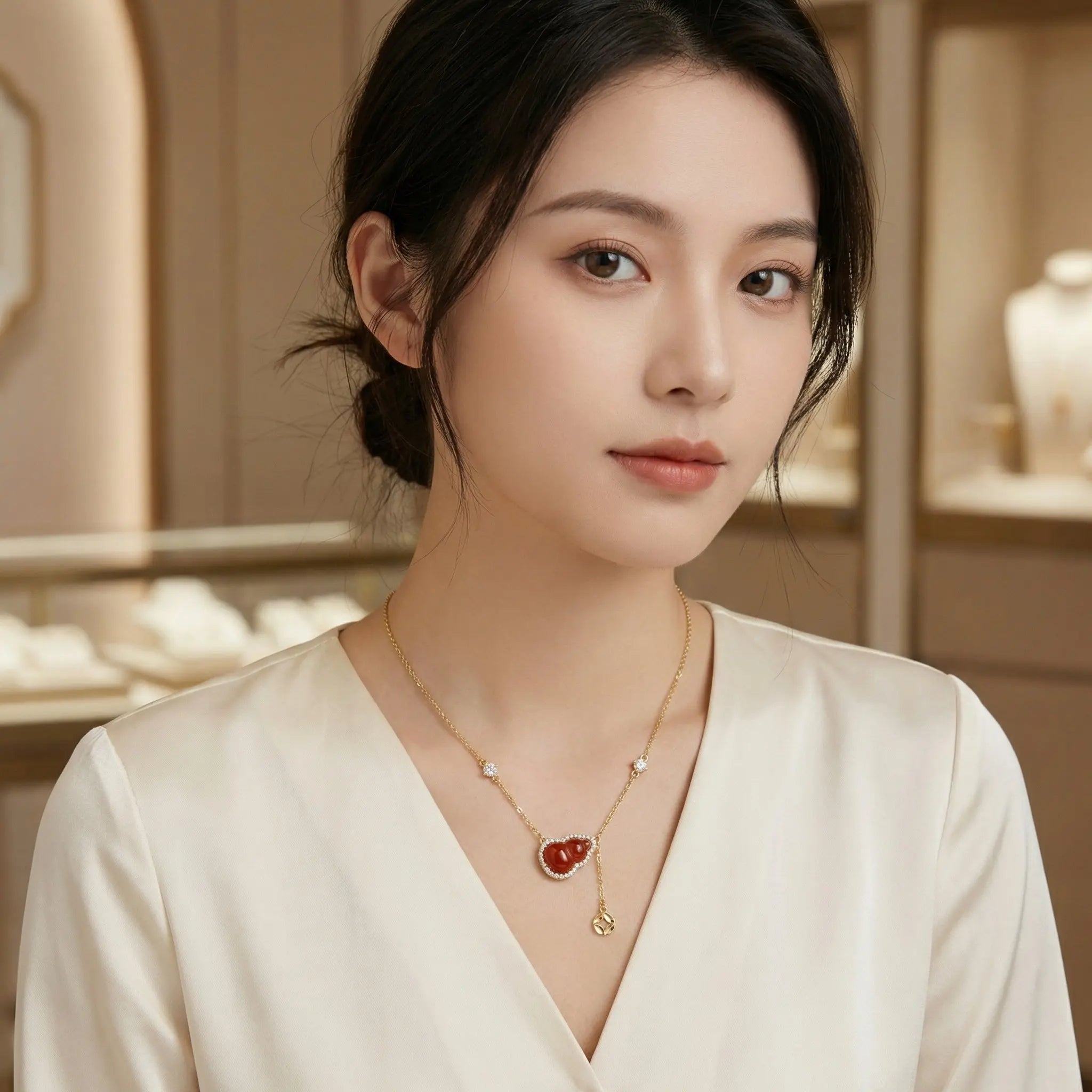 925 Sterling Silver Elegant Red Carnelian Hulu Pendant Necklace with Shimmering Accents and Coin Charm NP Collection
