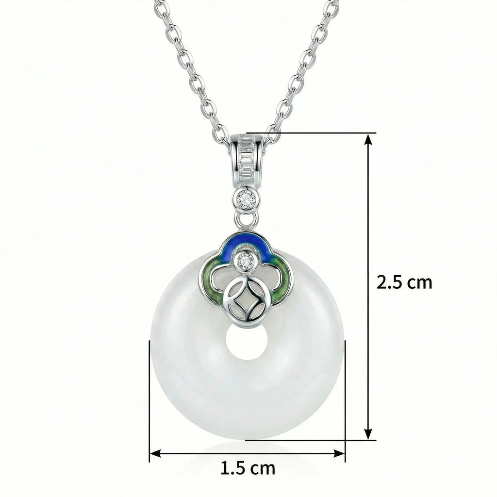 925 Sterling Silver Elegant White Jade Ping An Kou Pendant Necklace with Colorful Enamel and Zircon Detailing NP Collection