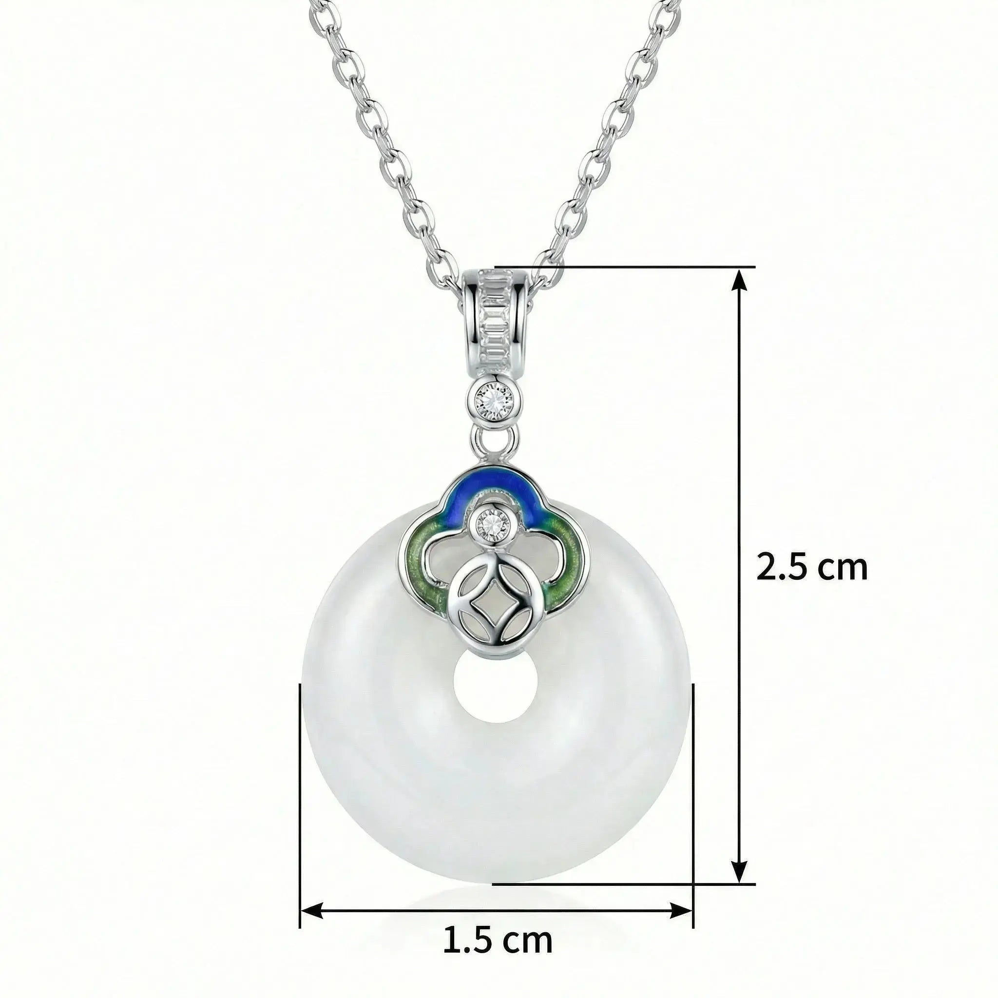 925 Sterling Silver Elegant White Jade Ping An Kou Pendant Necklace with Colorful Enamel and Zircon Detailing NP Collection