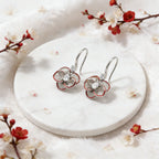 925 Sterling Silver Elegant Floral Filigree Earrings with Pear-Cut Gemstones and Red Enamel Trim