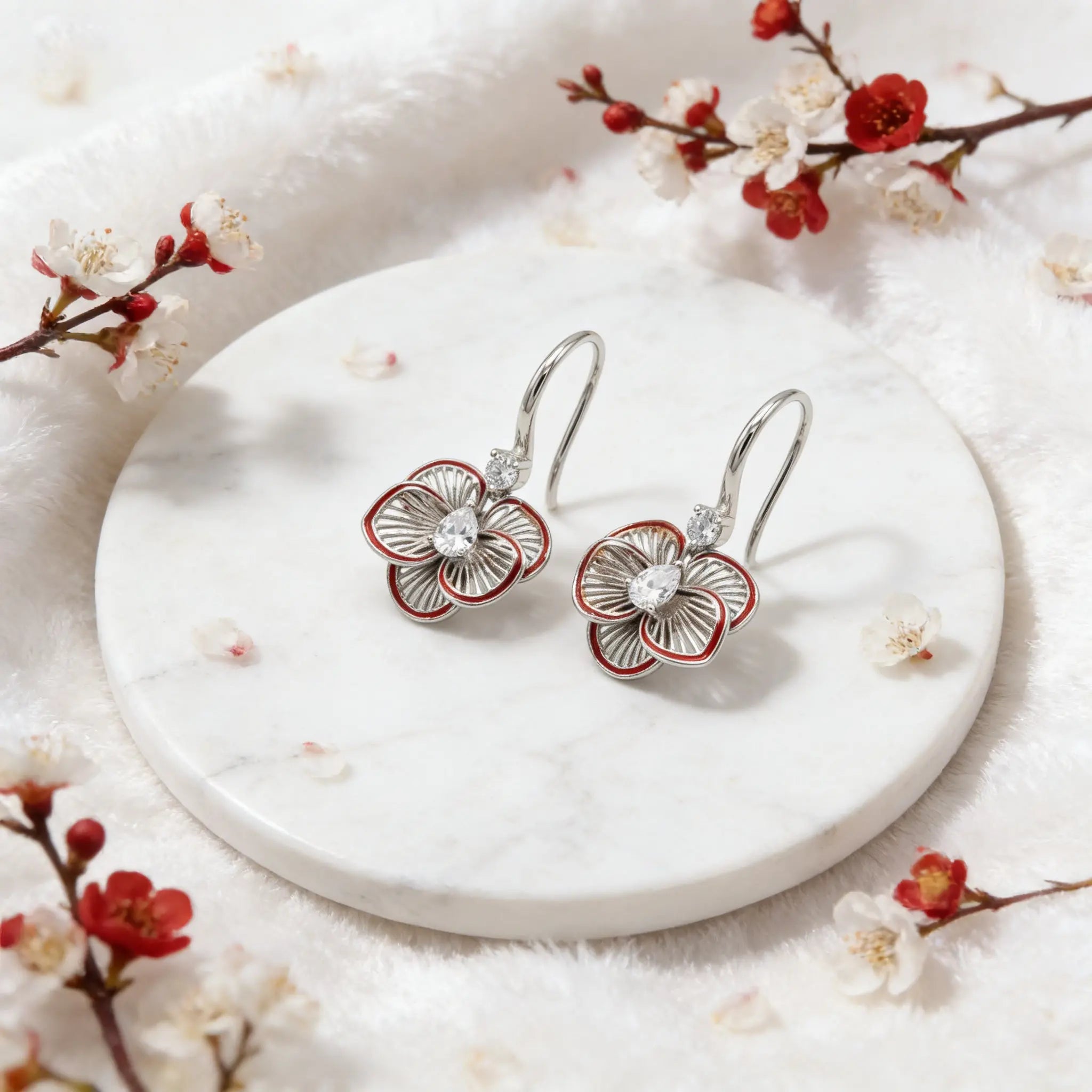 925 Sterling Silver Elegant Floral Filigree Earrings with Pear-Cut Gemstones and Red Enamel Trim