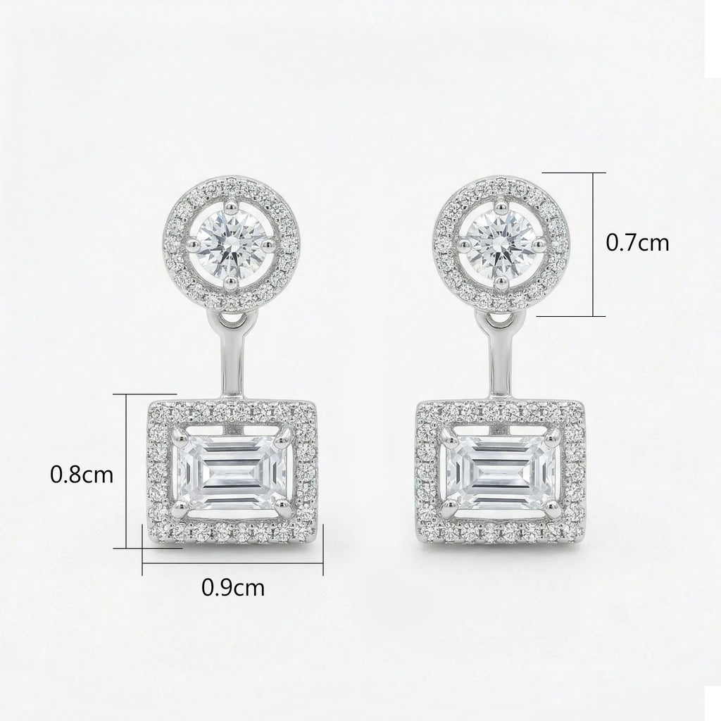 925 Sterling Silver Sophisticated Round and Emerald Cut CZ Double Halo Drop Earrings