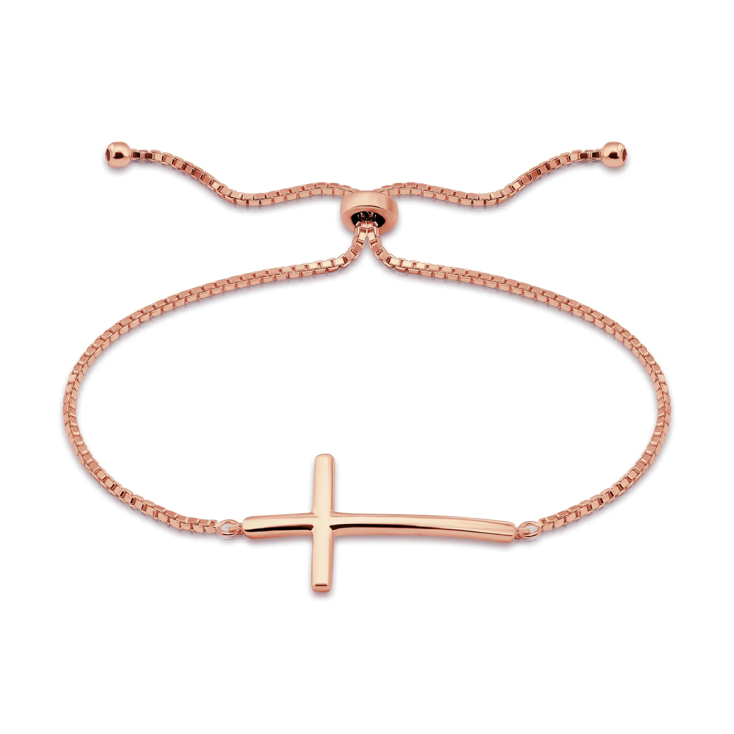Rose Gold Tone over Sterling Silver Cross Polished Adjustable Pull String Bracelet